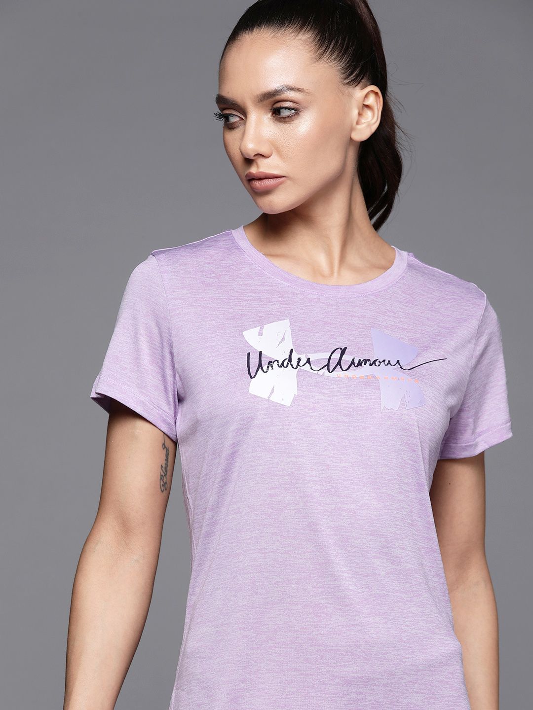 UNDER ARMOUR Women Lavender Tech Twist Script Logo Loose T-shirt Price in India