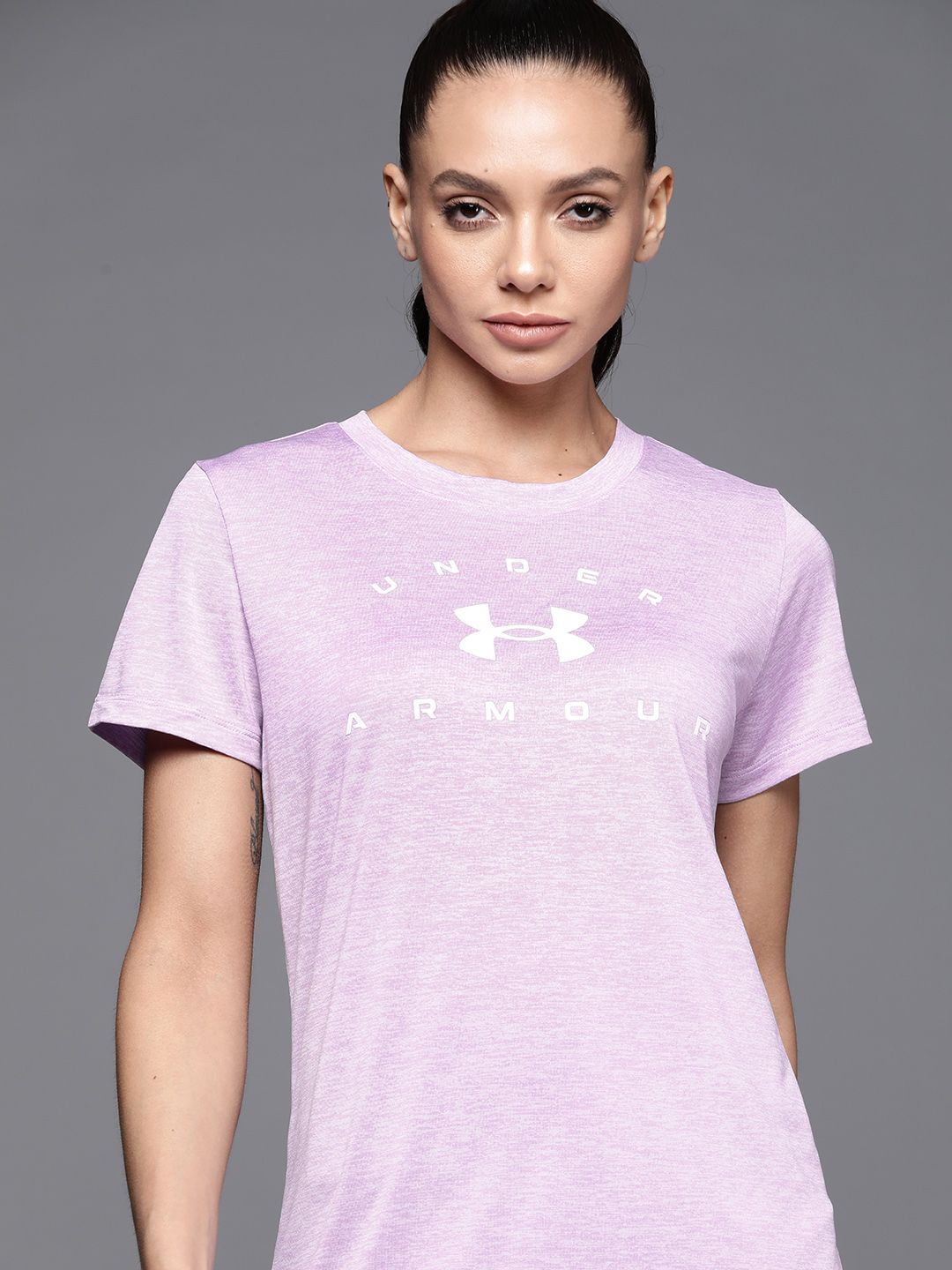 UNDER ARMOUR Women Lavender & White Tech Twist Arch Brand Logo Printed Loose T-shirt Price in India