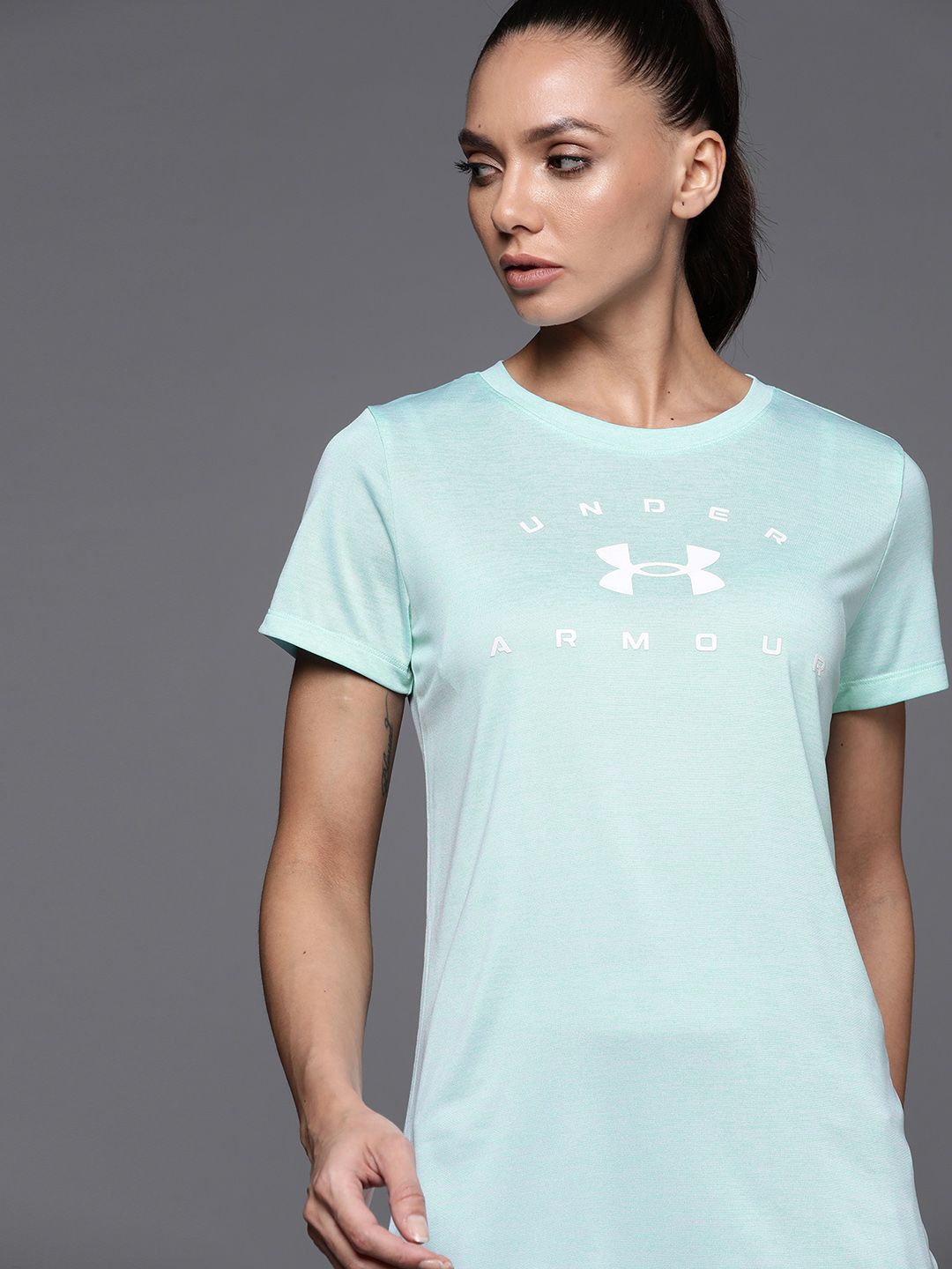 UNDER ARMOUR Women Blue & White Tech Twist Arch Brand Logo Printed Loose T-shirt Price in India