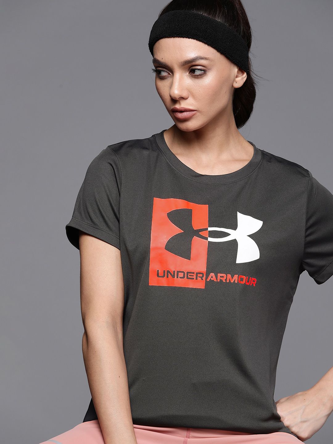 UNDER ARMOUR Women Charcoal Grey & Orange Velocity Logo Printed Loose T-shirt Price in India