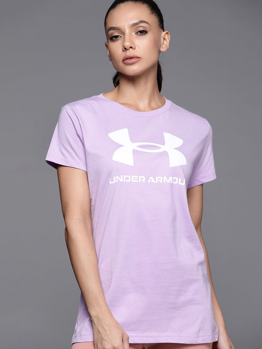 UNDER ARMOUR Women Lavender Brand Logo Print Live Sportstyle Graphic SSC T-shirt Price in India