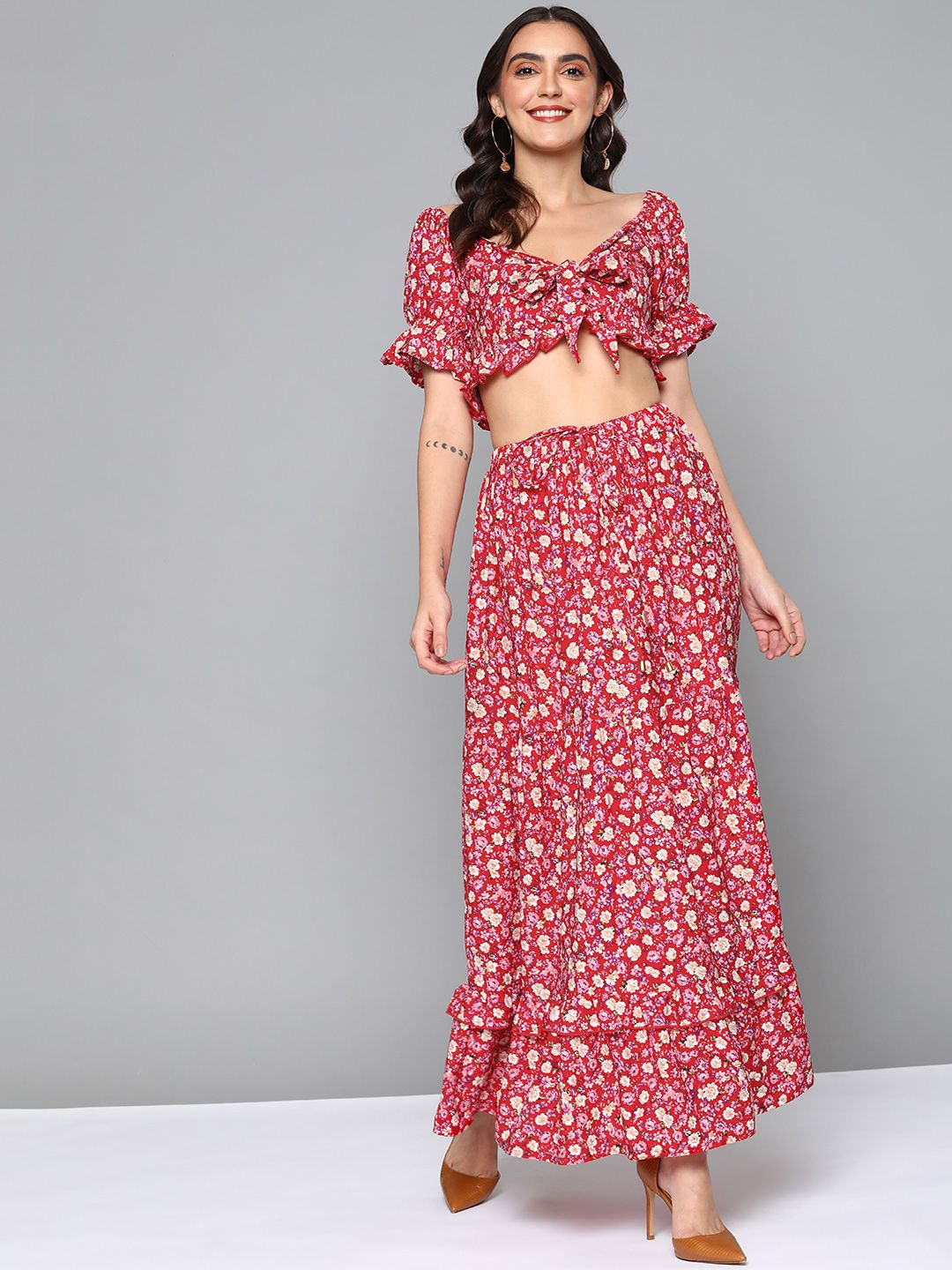SASSAFRAS Women Red & Beige Floral Printed Co-Ords Set