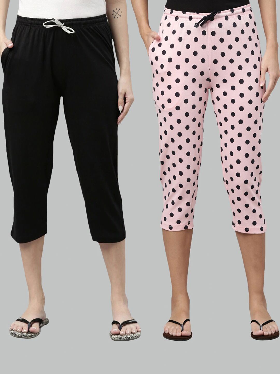 Kryptic Women Black & Pink Set of 2 Printed Cotton Lounge Capris Price in India