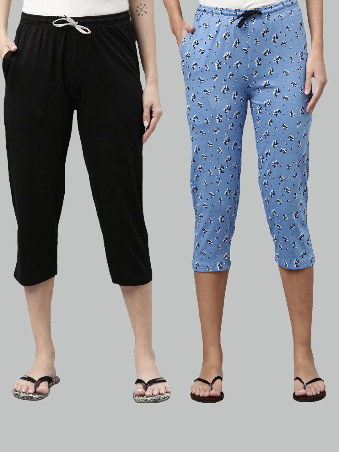 Kryptic Women Pack of 2 Black & Blue Printed Pure Cotton Lounge Capris Price in India