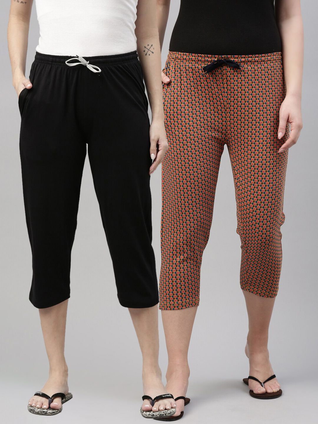 Kryptic Women Set Of 2 Black & Brown Slim Fit Printed Cotton Lounge Capris Price in India