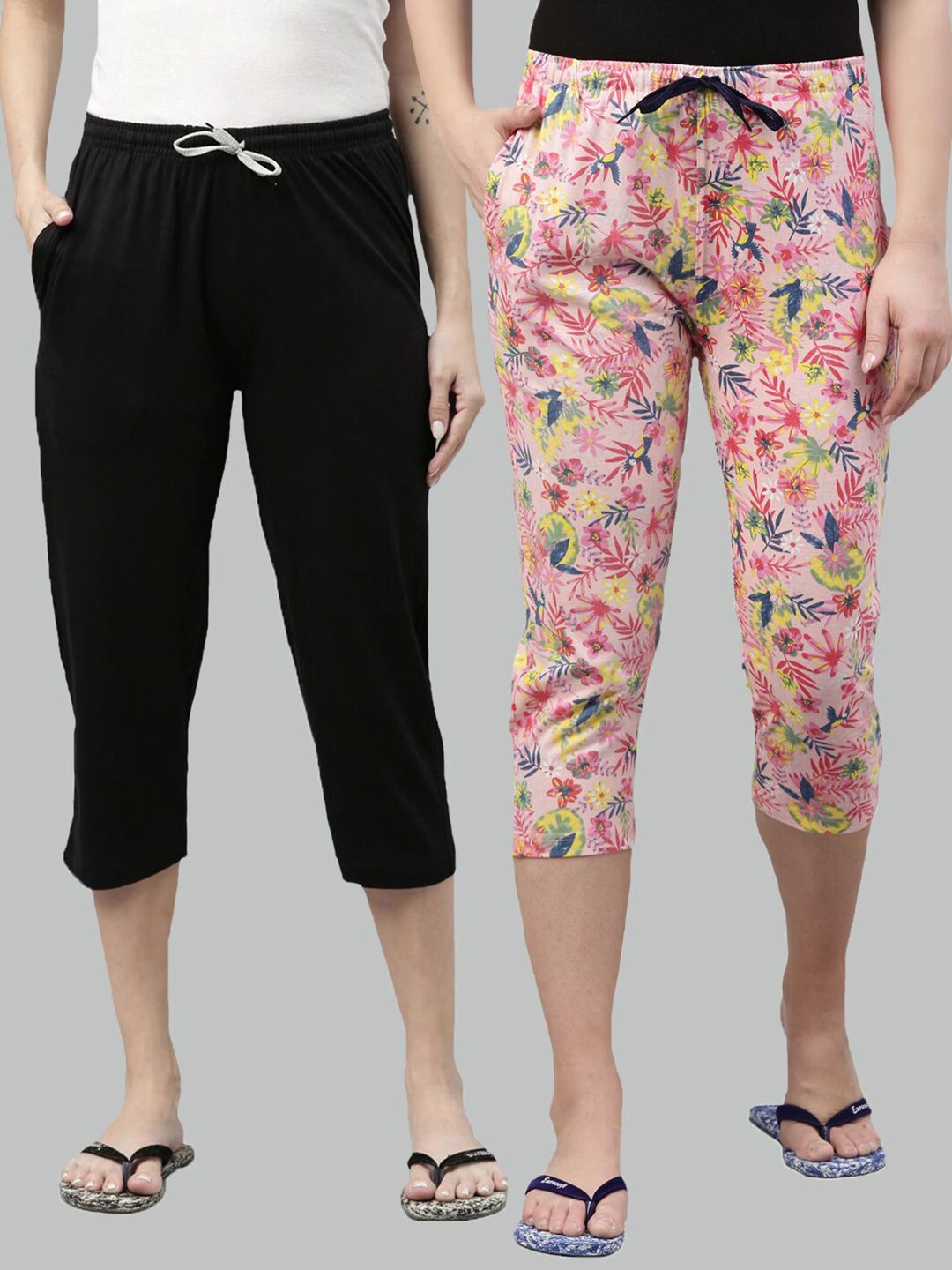 Kryptic Women Black & Pink Set of 2 Printed Cotton Lounge Capris Price in India