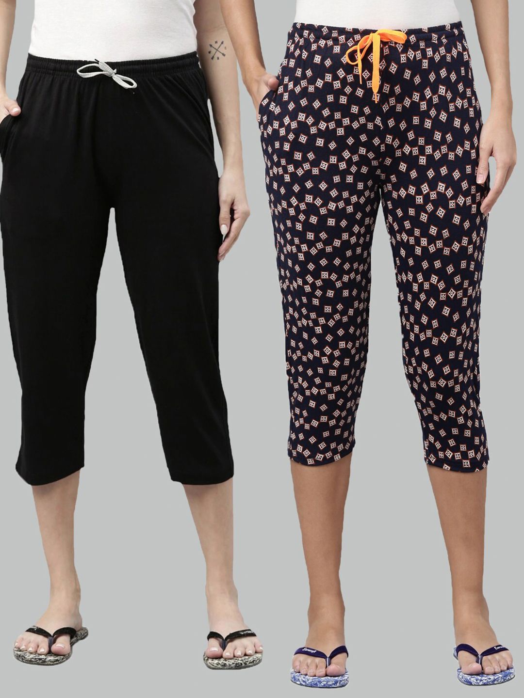 Kryptic Women Pack of 2 Black & Navy Blue Printed Pure Cotton Lounge Capris Price in India