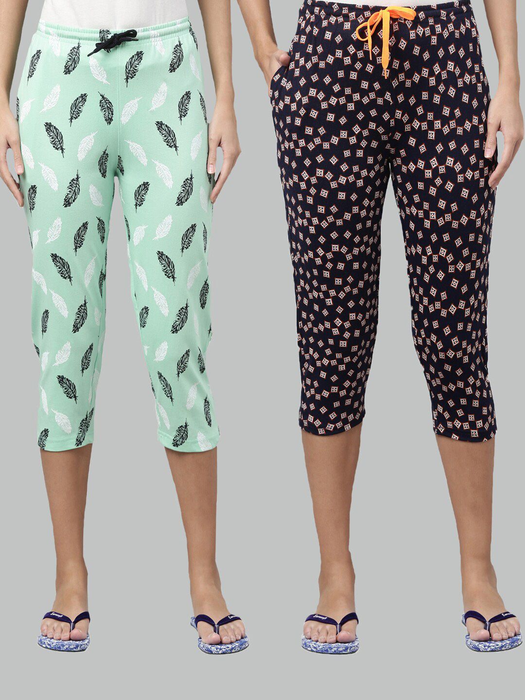 Kryptic Women Set Of 2 Green & Navy Blue Slim Fit Printed Cotton Lounge Capris Price in India