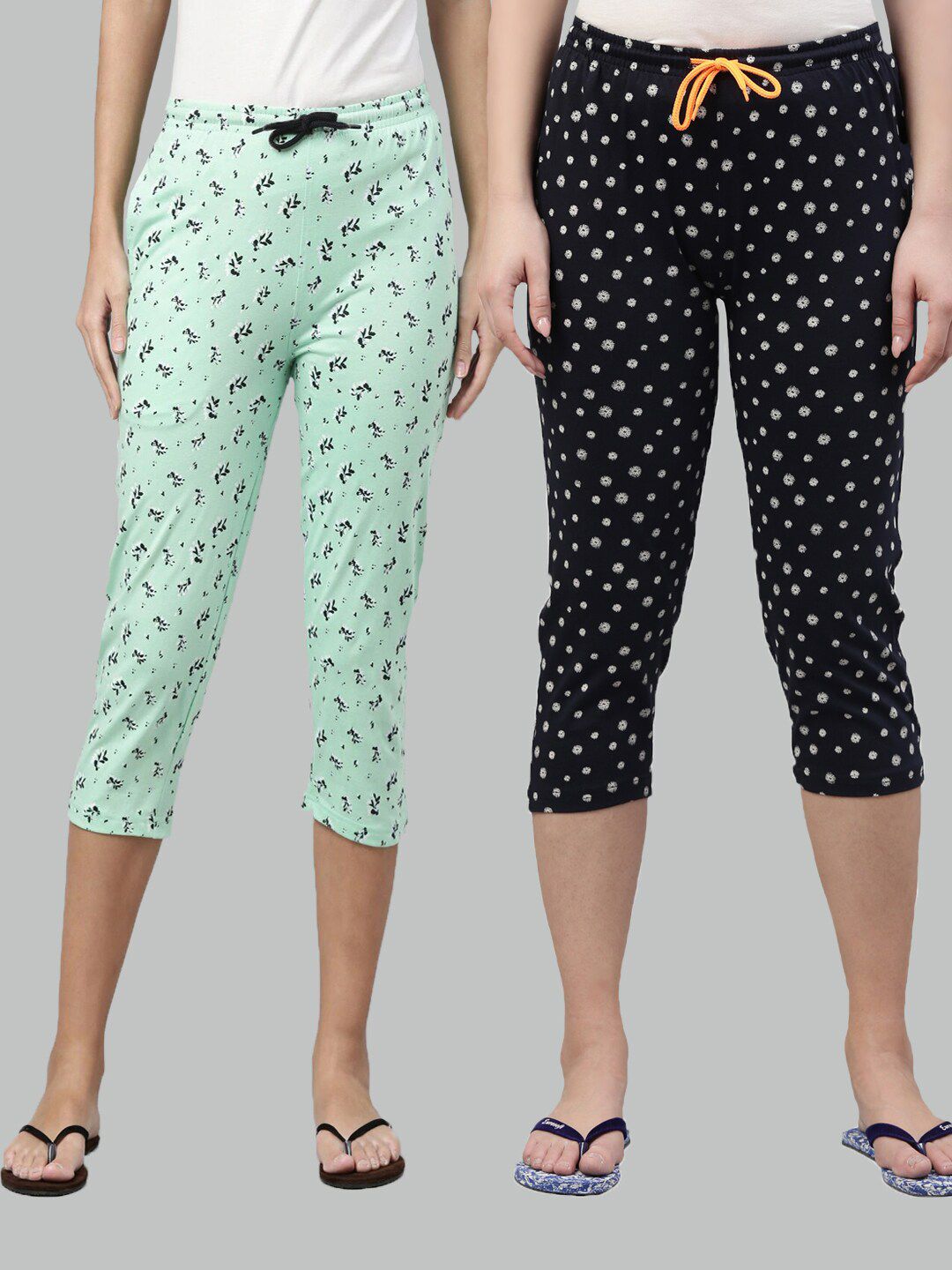 Kryptic Women Pack of 2 Green & Navy Blue Printed Pure Cotton Lounge Capris Price in India