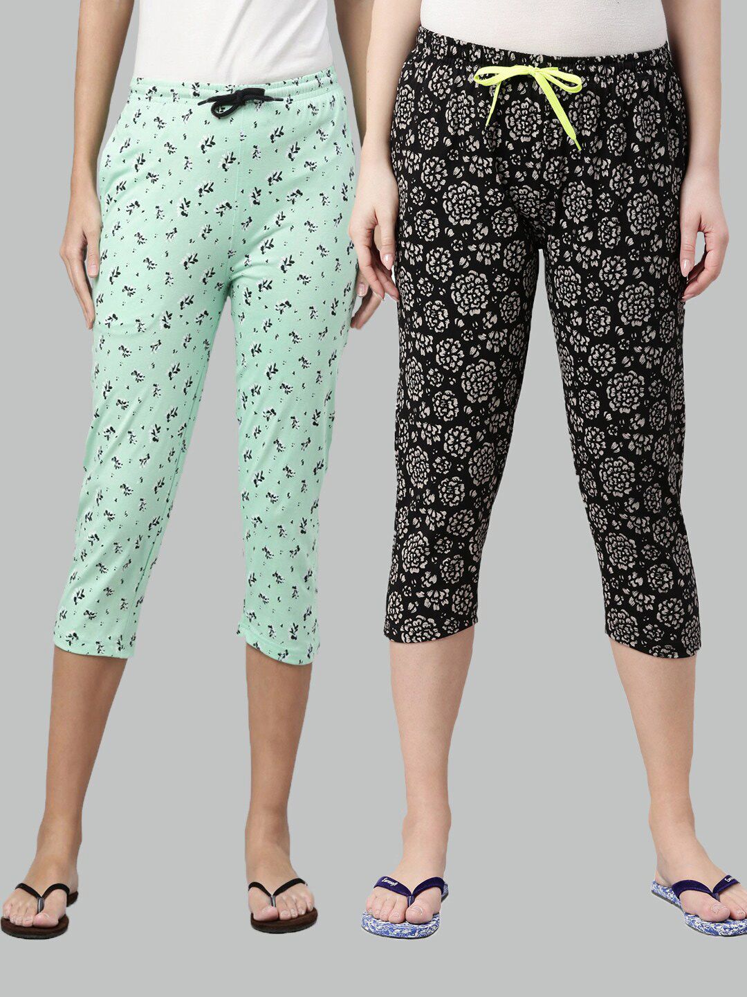 Kryptic Women Green & Black Set of 2 Printed Cotton Lounge Capris Price in India