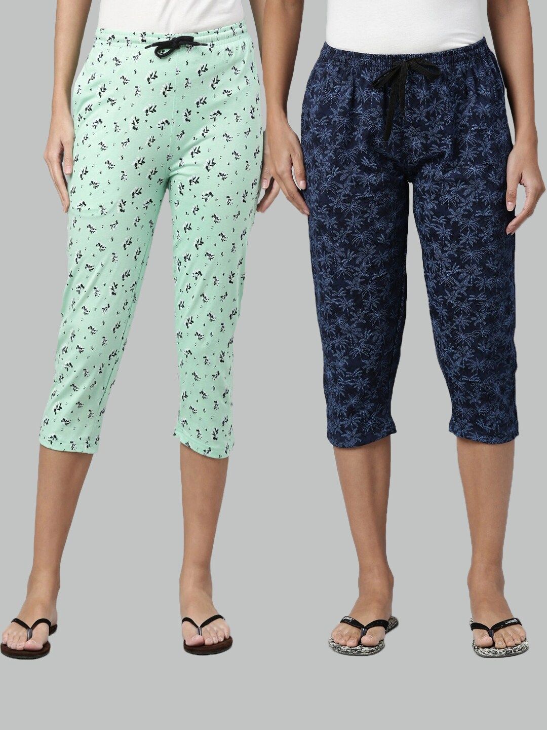 Kryptic Women Pack Of 2 Green & Blue Printed Cotton Lounge Capris Price in India
