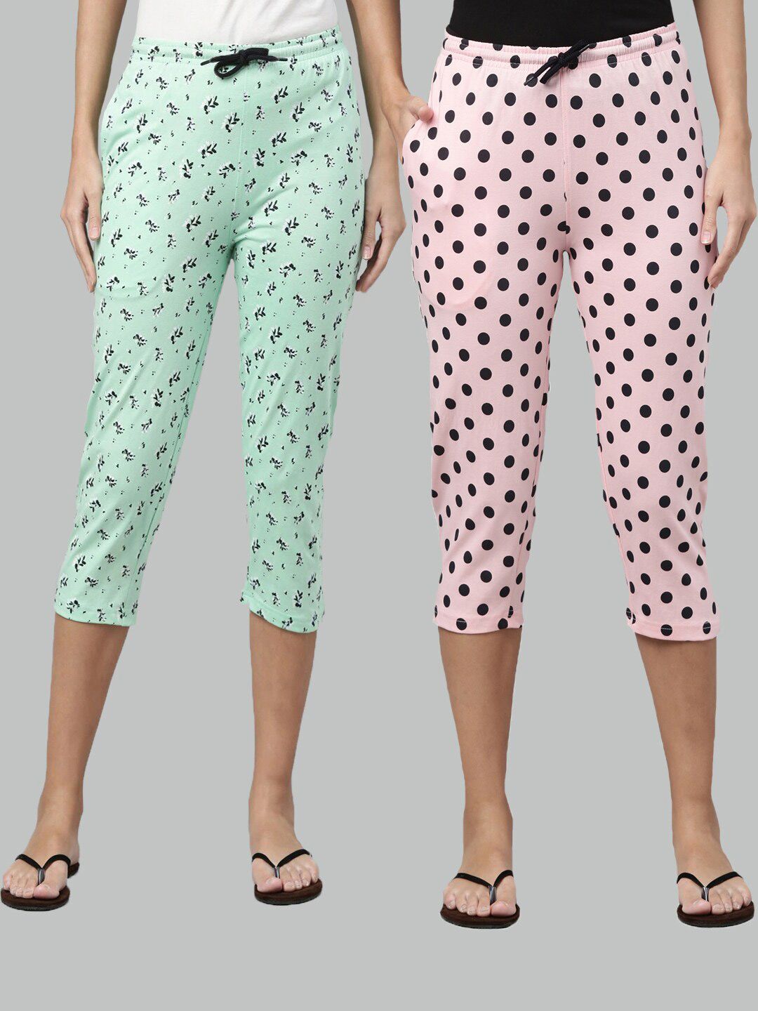 Kryptic Women Pack of 2 Sea Green & Pink Printed Pure Cotton Lounge Capris Price in India