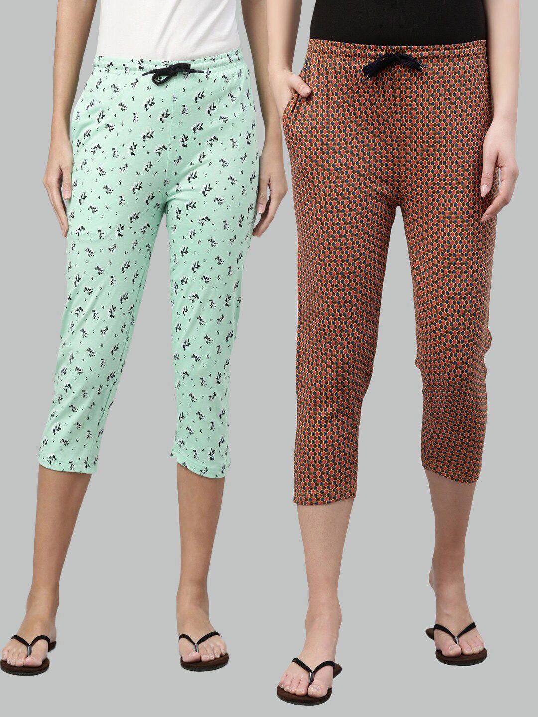 Kryptic Women Pack of 2 Green & Mustard Yellow Printed Pure Cotton Lounge Capris Price in India