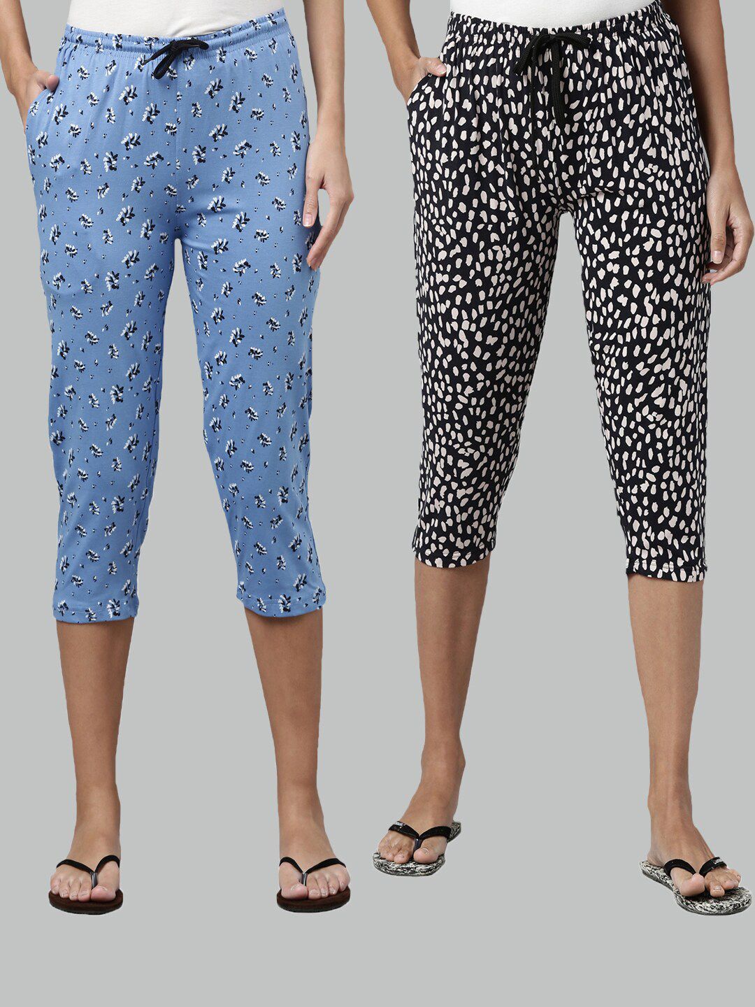 Kryptic Women Pack of 2 Blue & White Printed Pure Cotton Lounge Capris Price in India