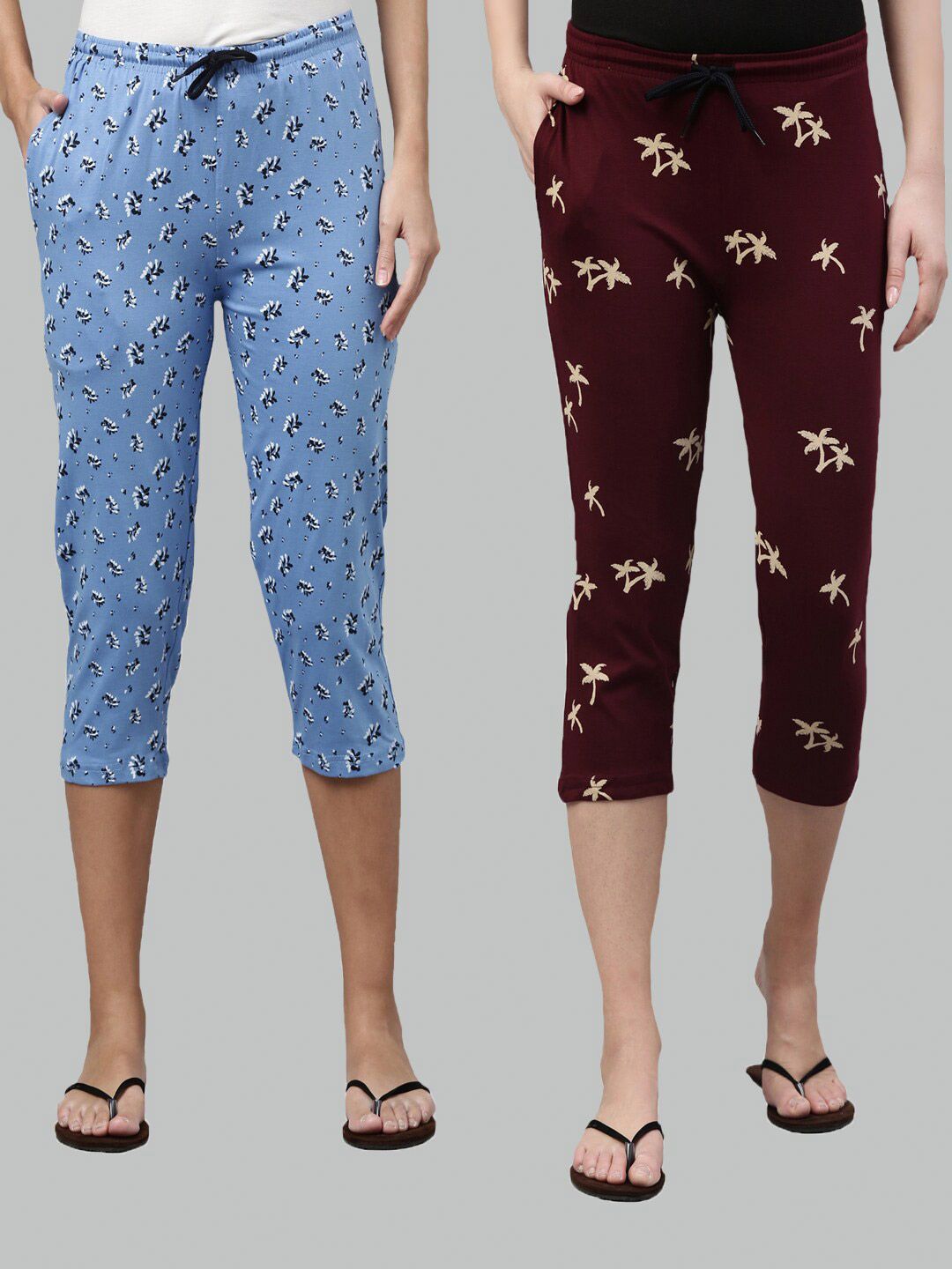 Kryptic Women Pack of 2 Blue & Maroon Printed Pure Cotton Lounge Capris Price in India