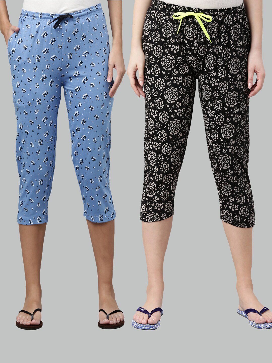 Kryptic Women Pack Of 2 Blue & Black Printed Cotton Lounge Capris Price in India