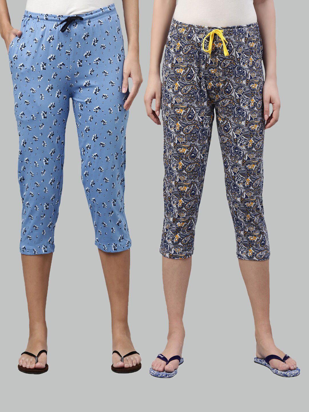 Kryptic Women Pack of 2 Blue Printed Pure Cotton Lounge Capris Price in India