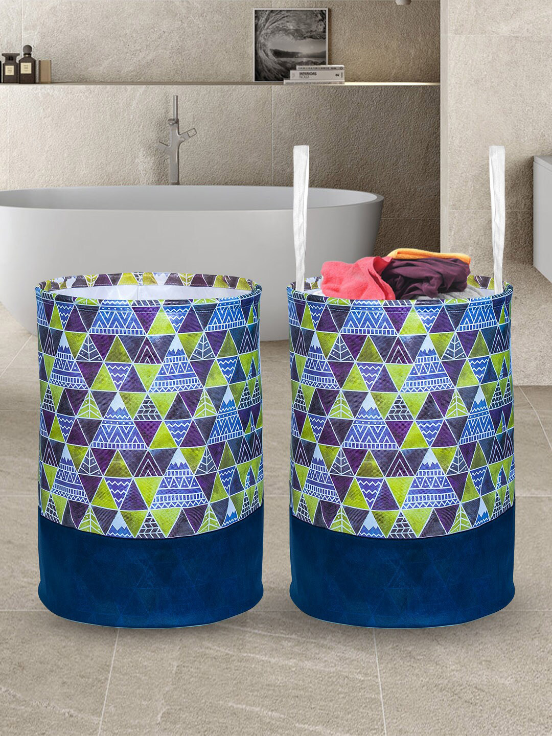 prettykrafts Set Of 2 Blue & Green Geometric Printed Foldable Round Laundry Bag Price in India