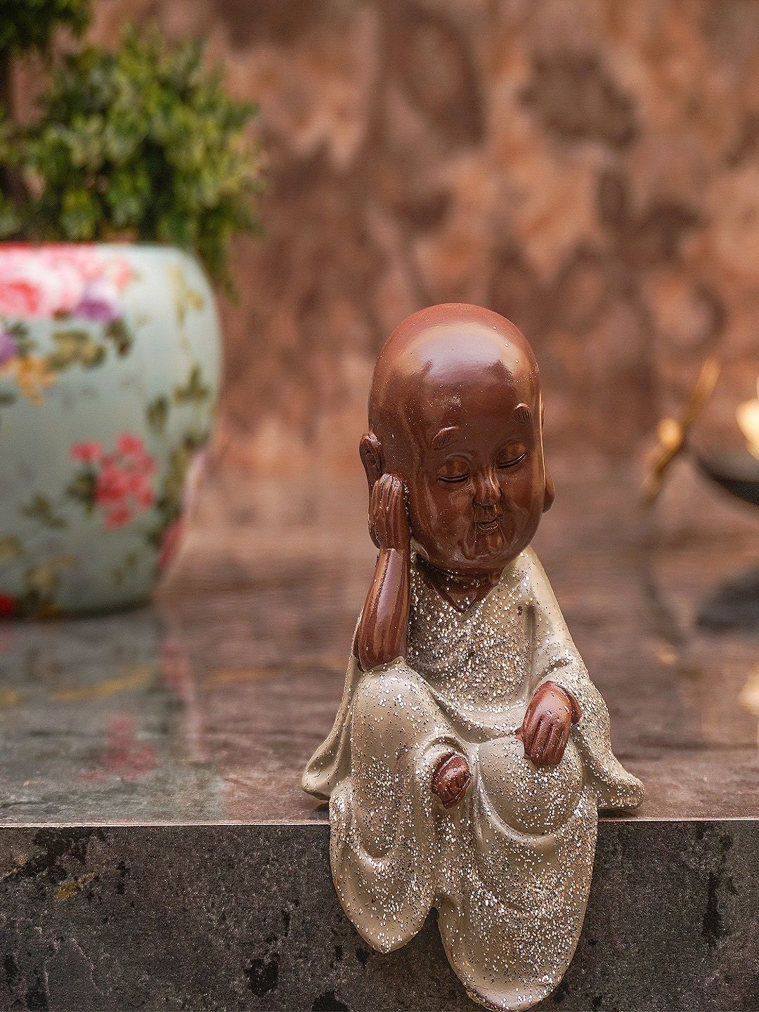 StatueStudio Silver-Toned & Brown Buddha Monk Showpiece Price in India