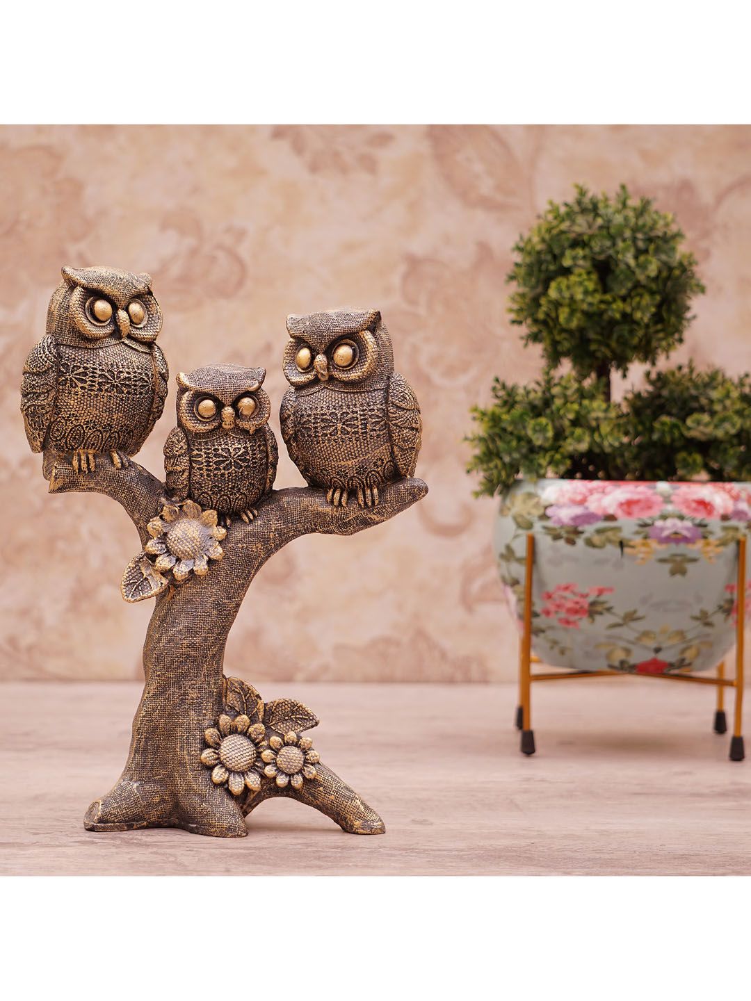 StatueStudio Copper Gold-Toned Owl Sitting On Tree Showpieces Price in India