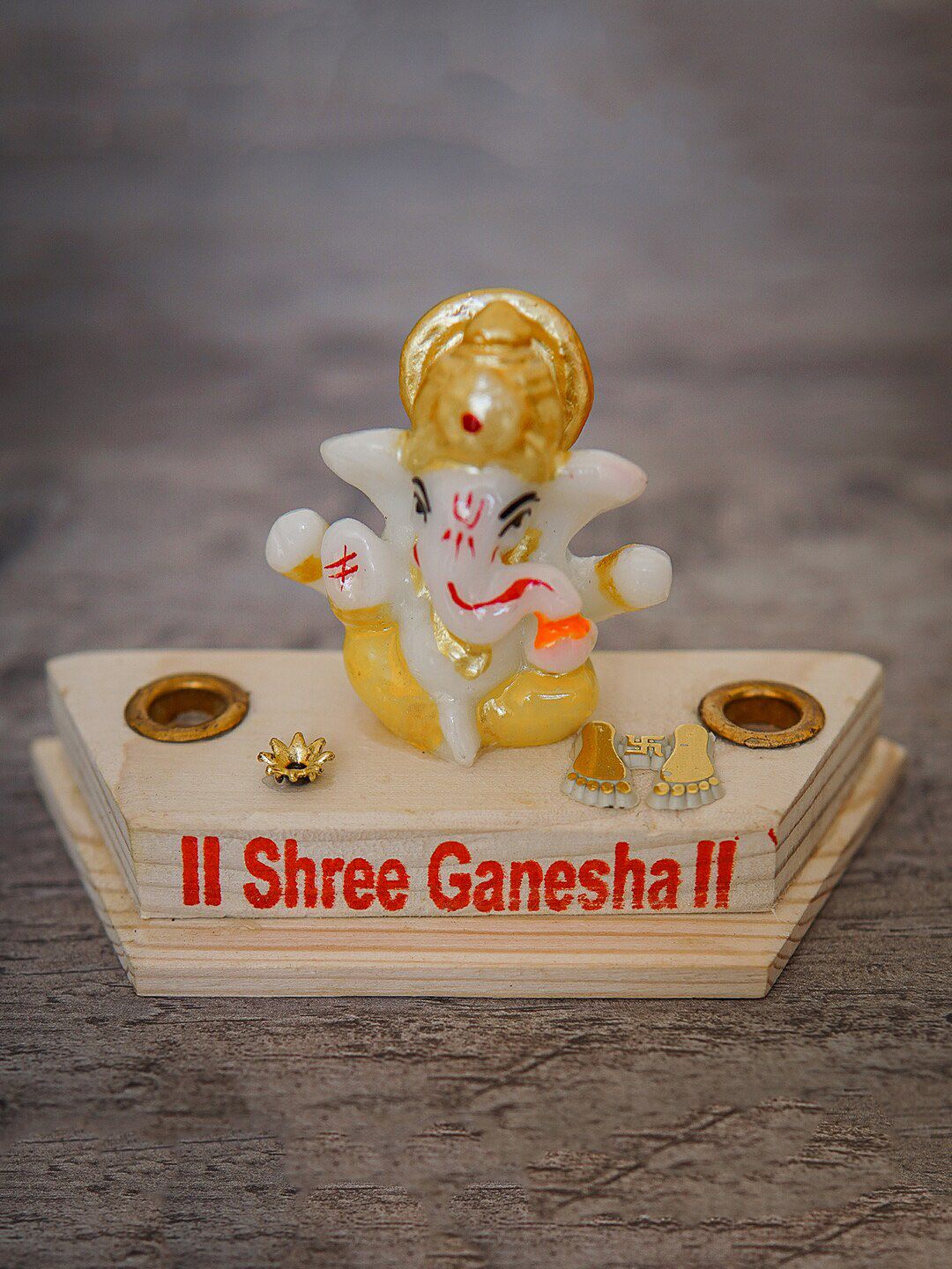 StatueStudio Beige & White Ganesha Statue On Wooden Base With Pen Holder Showpiece Price in India