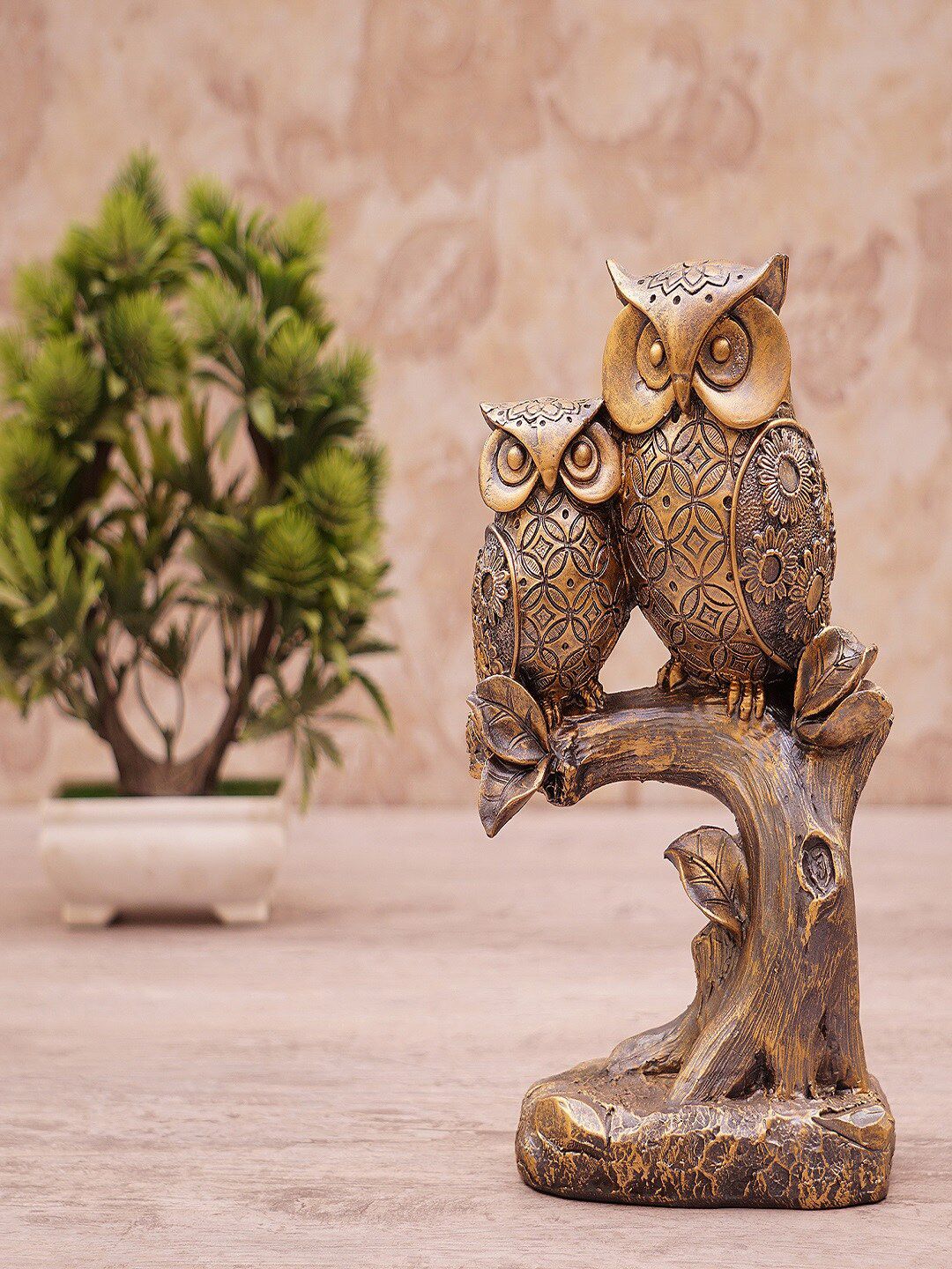 StatueStudio Gold-Coloured Owl Sitting On Tree Showpiece Price in India