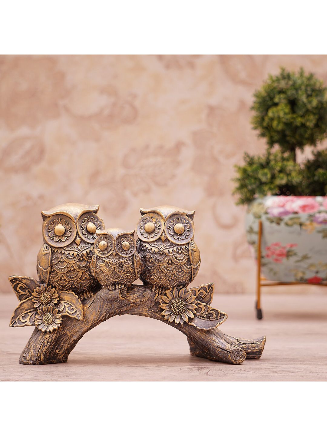 StatueStudio Gold-Toned Textured Polyresin Owl Sitting On Tree Showpiece Price in India
