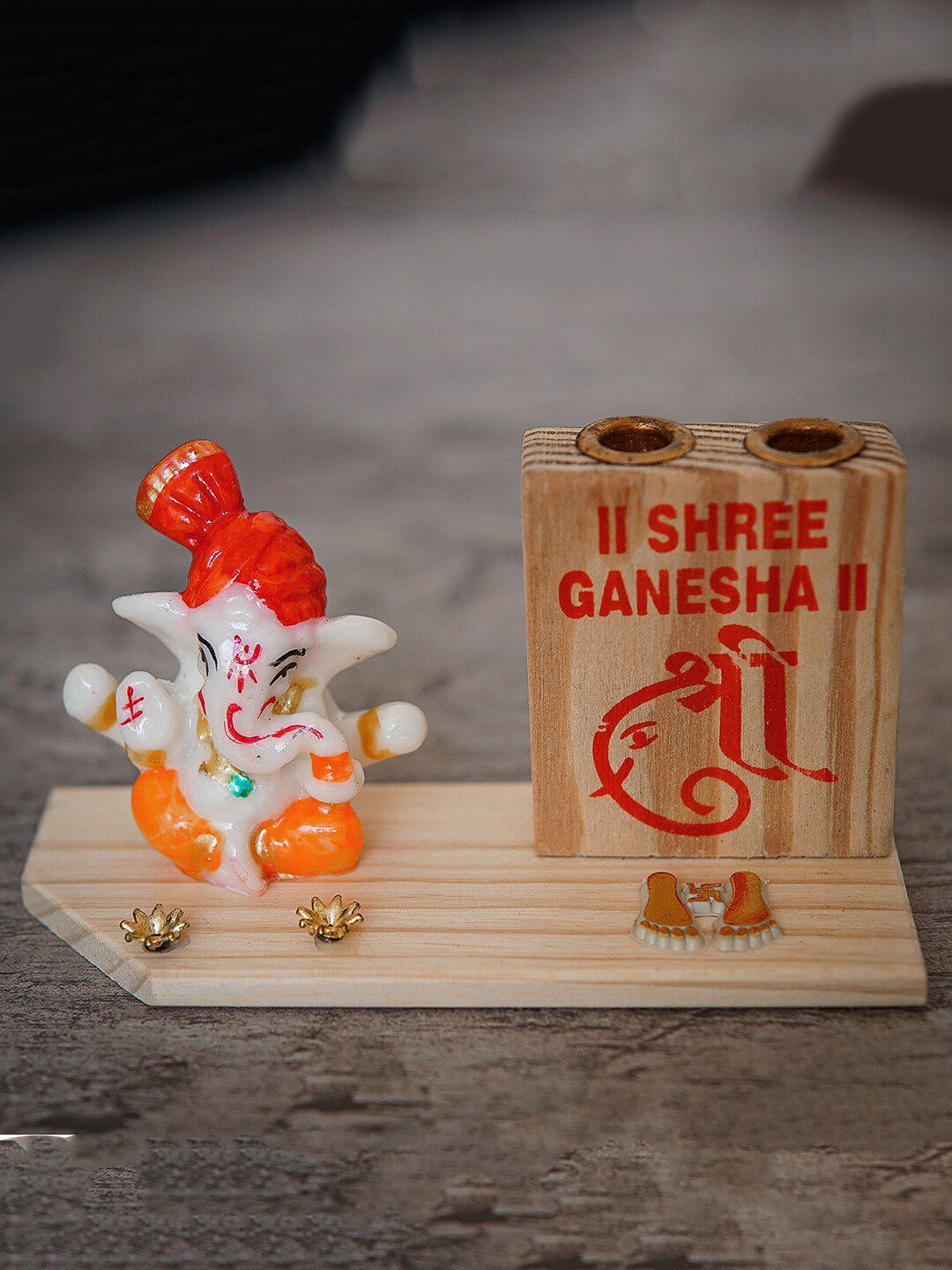 StatueStudio White & Orange Ganesha Statue On Wooden Base With Pen Holder Showpiece Price in India