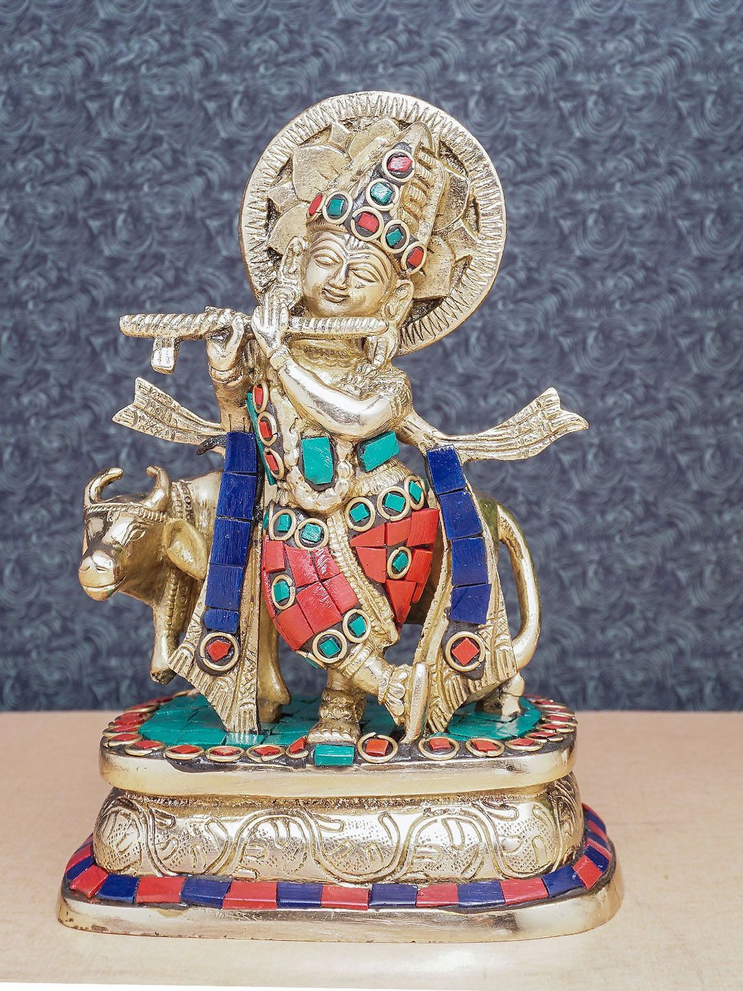 StatueStudio Gold-Toned & Red Krishna With Cow Showpiece Price in India