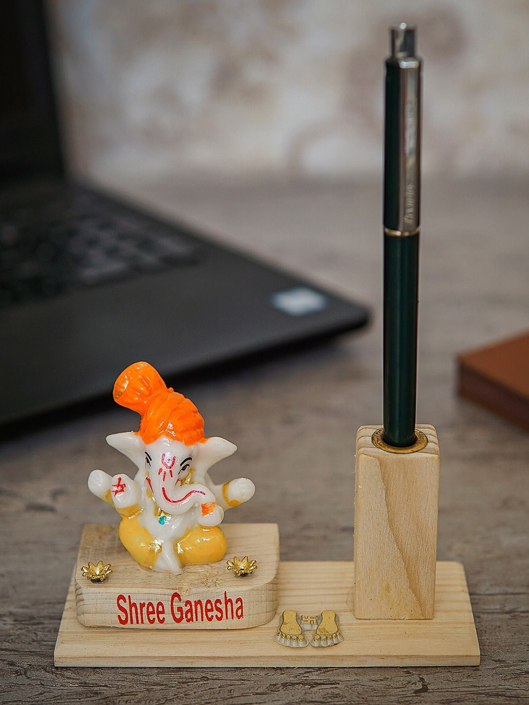 StatueStudio Beige & White Textured Ganesha Statue With Pen Holder Showpiece Price in India