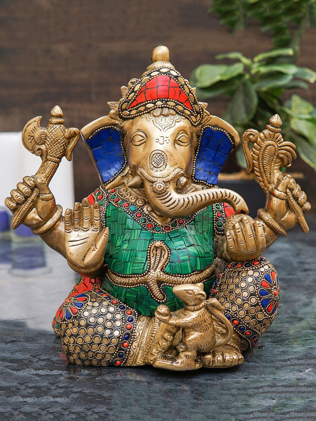 StatueStudio Gold Toned & Green Ganesha Showpiece Price in India