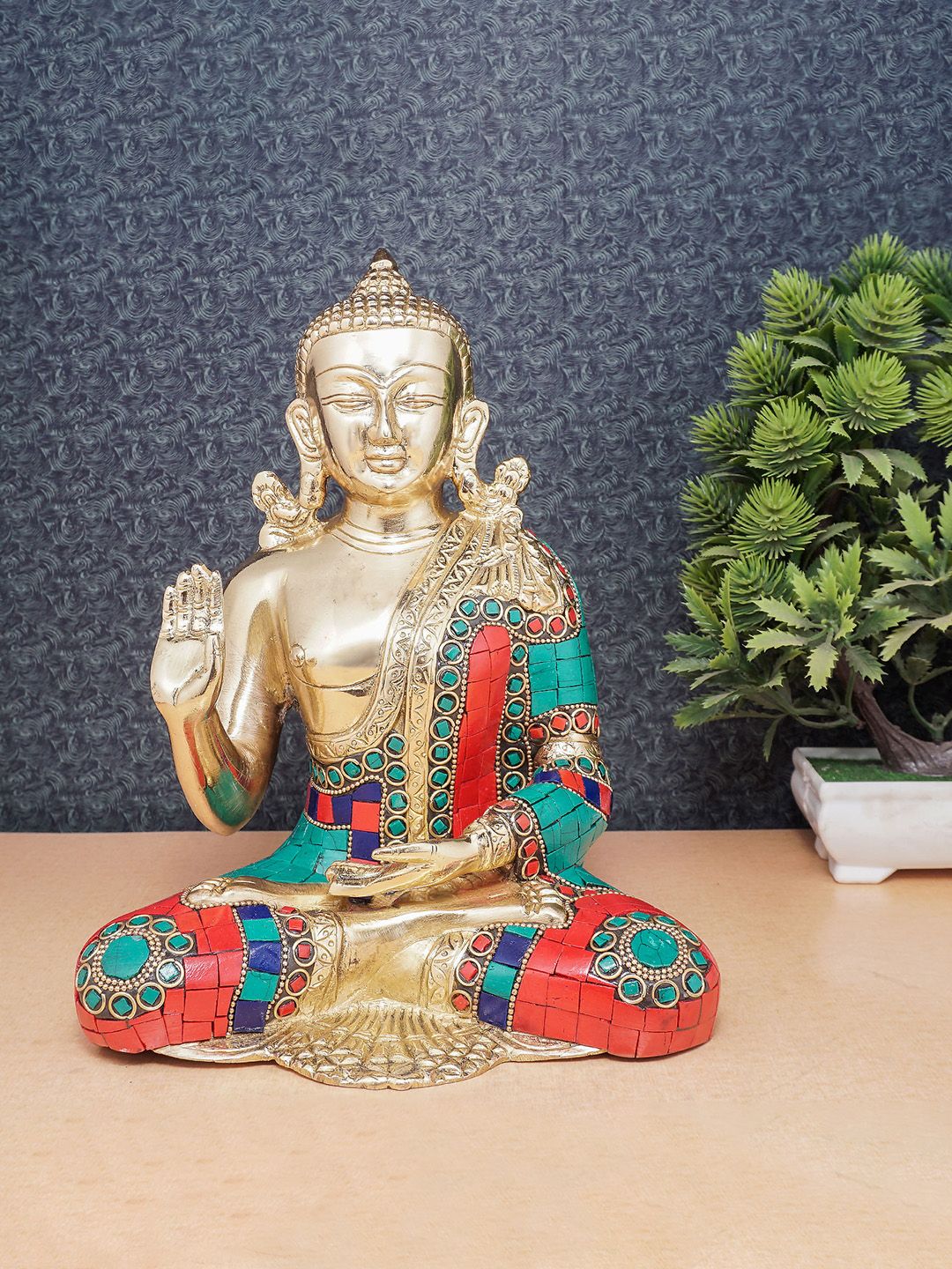 StatueStudio Gold-Toned Textured Brass Blessing Buddha Statue Showpiece Price in India