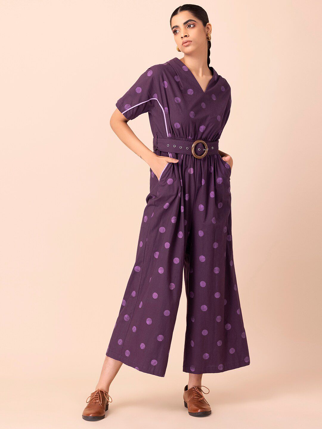 Earthen BY INDYA Purple Printed Pure Cotton Belted Basic Jumpsuit Price in India