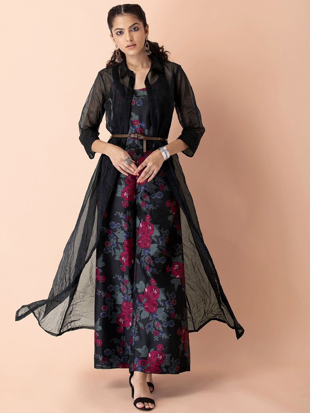 Earthen BY INDYA Black & Pink Printed Basic Jumpsuit with Organza Jacket Price in India