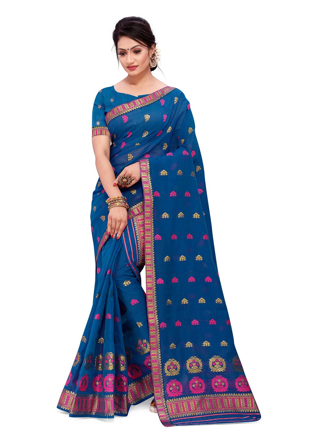 Skirans Blue & Magenta Set of 3 Woven Design Cotton Assamese Mekhla Chador Saree