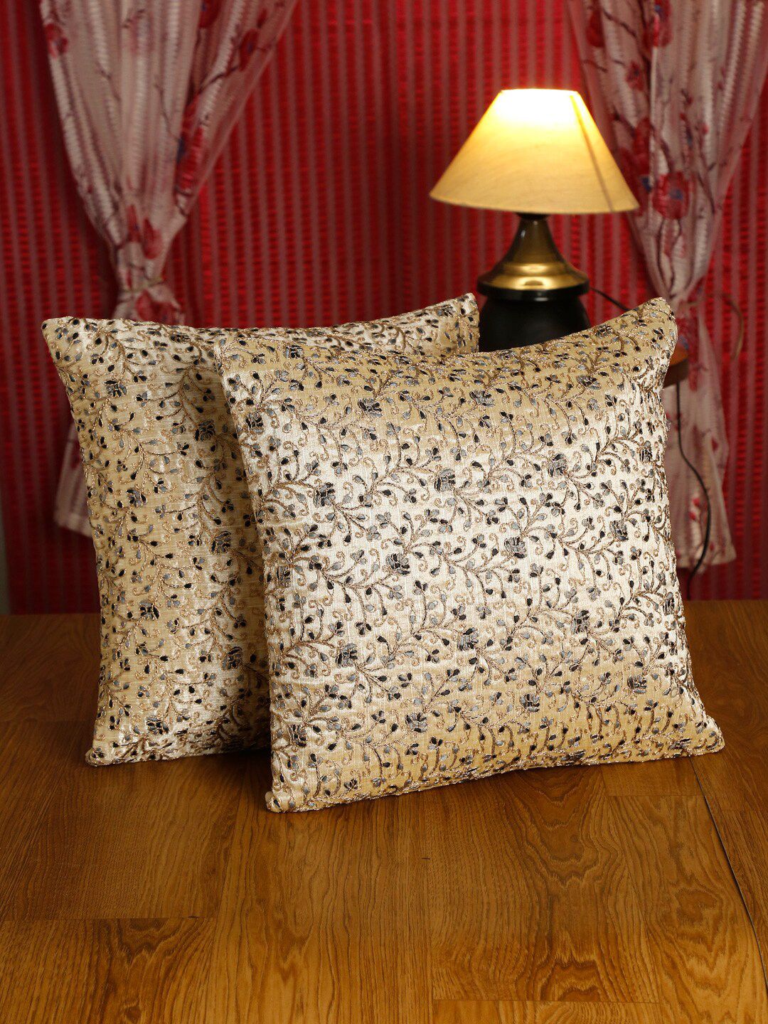 HOSTA HOMES Cream-Coloured & Grey Set of 2 Embroidered Square Cushion Covers Price in India