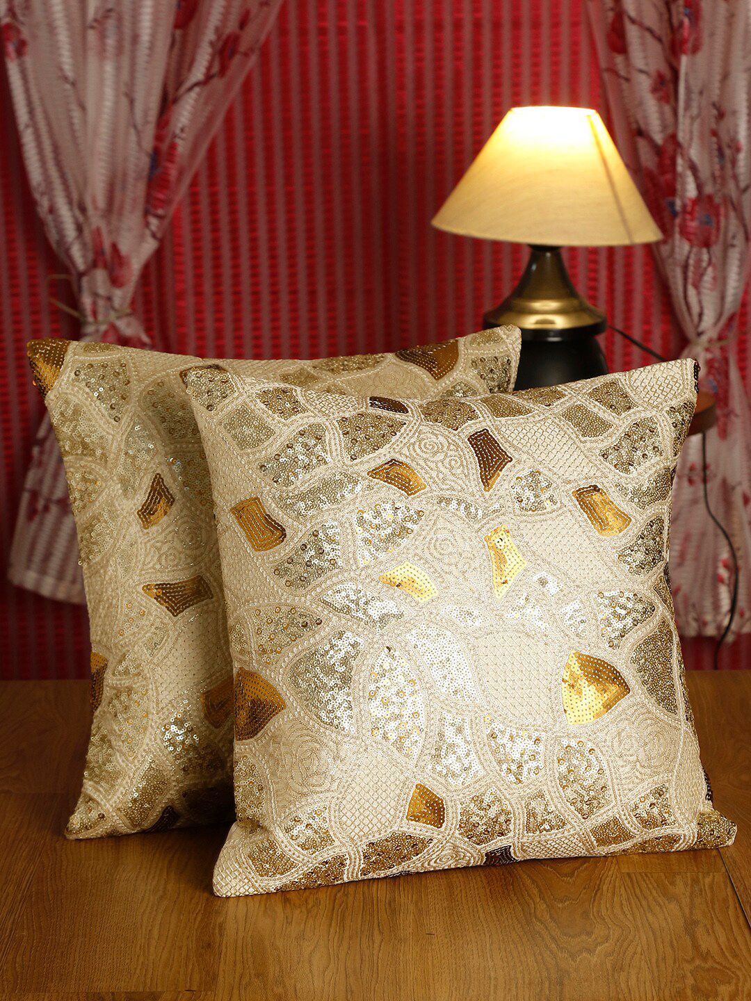 HOSTA HOMES Set of 2 Cream-Coloured & Gold-Toned Embellished Square Cushion Covers Price in India