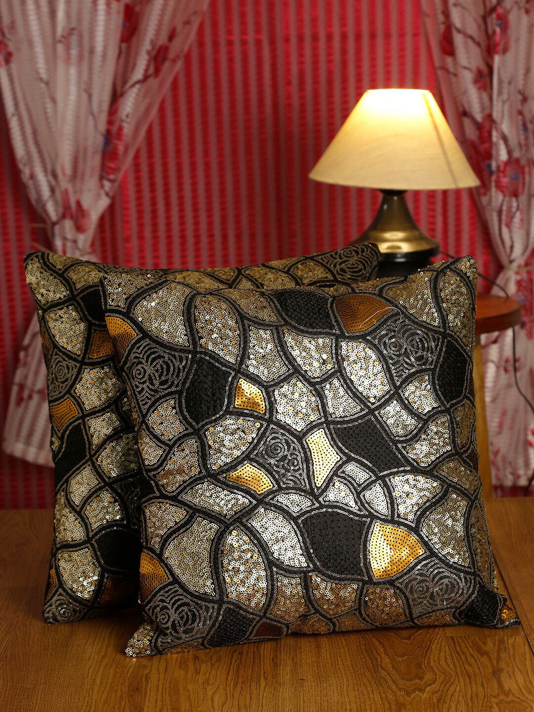 HOSTA HOMES Black & Gold-Toned Set of 2 Geometric Square Cushion Covers Price in India