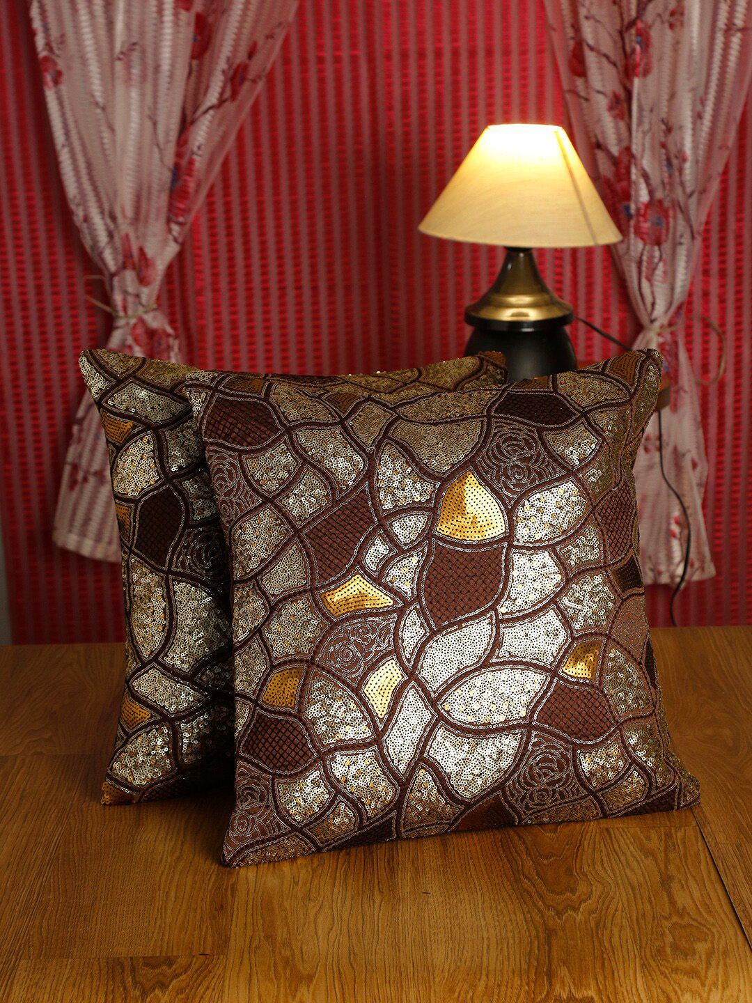 HOSTA HOMES Set of 2 Brown & Gold-Toned Geometric Embellished Square Cushion Covers Price in India