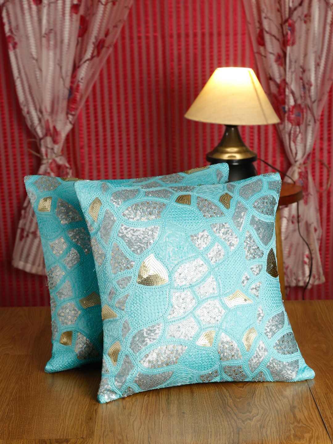 HOSTA HOMES Turquoise Blue & Gold-Toned Set of 2 Embellished Square Cushion Covers Price in India