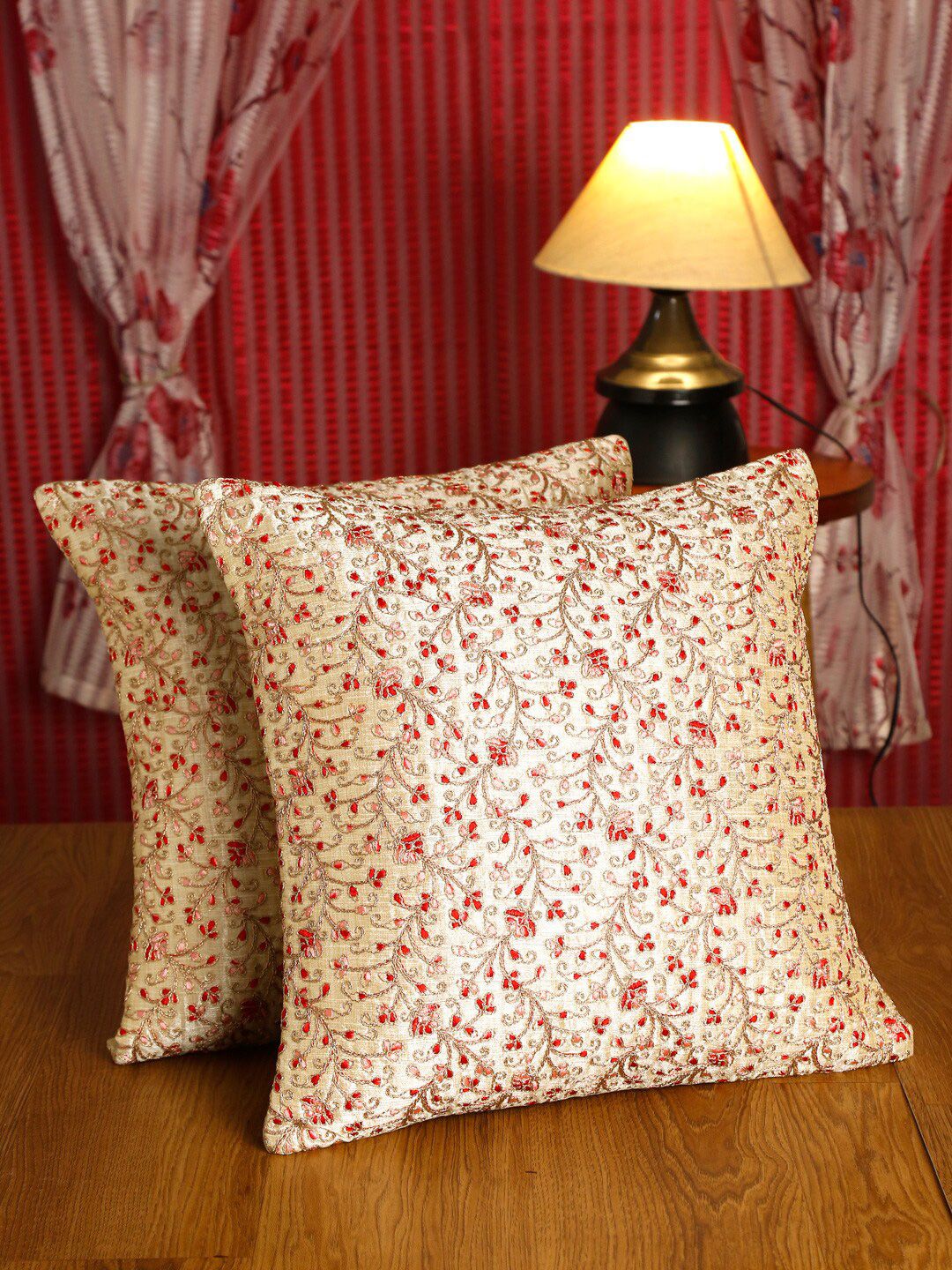 HOSTA HOMES Cream-Coloured & Red Set of 2 Embroidered Square Cushion Covers Price in India