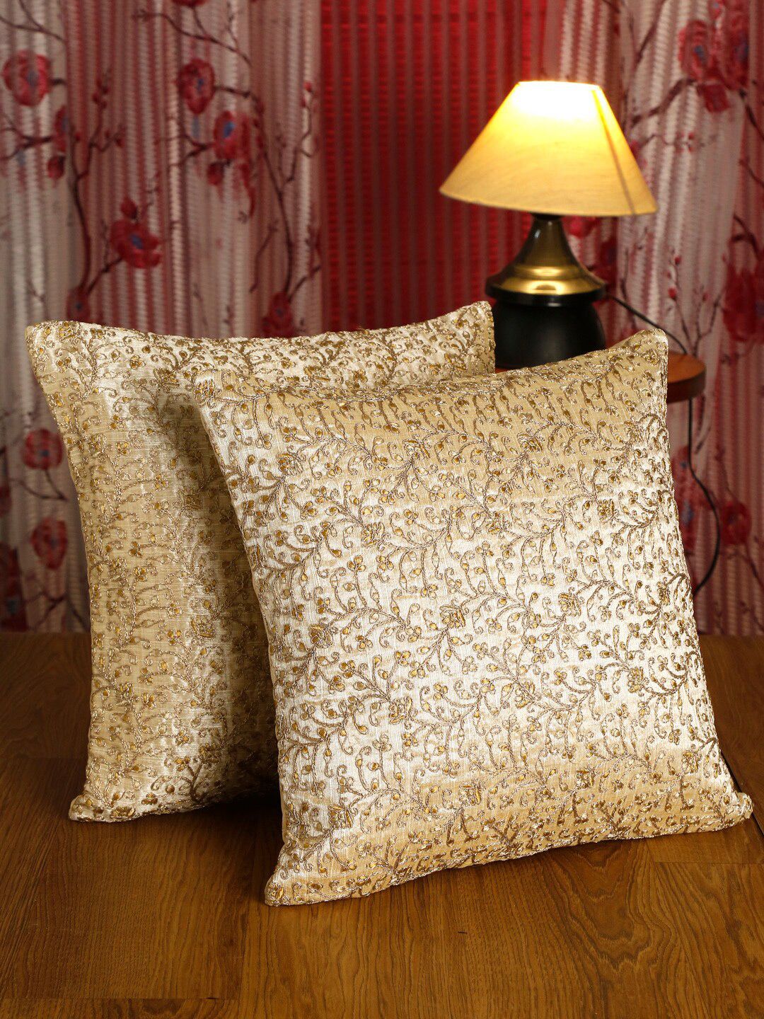 HOSTA HOMES Cream-Coloured & Gold-Toned Set of 2 Embroidered Square Cushion Covers Price in India