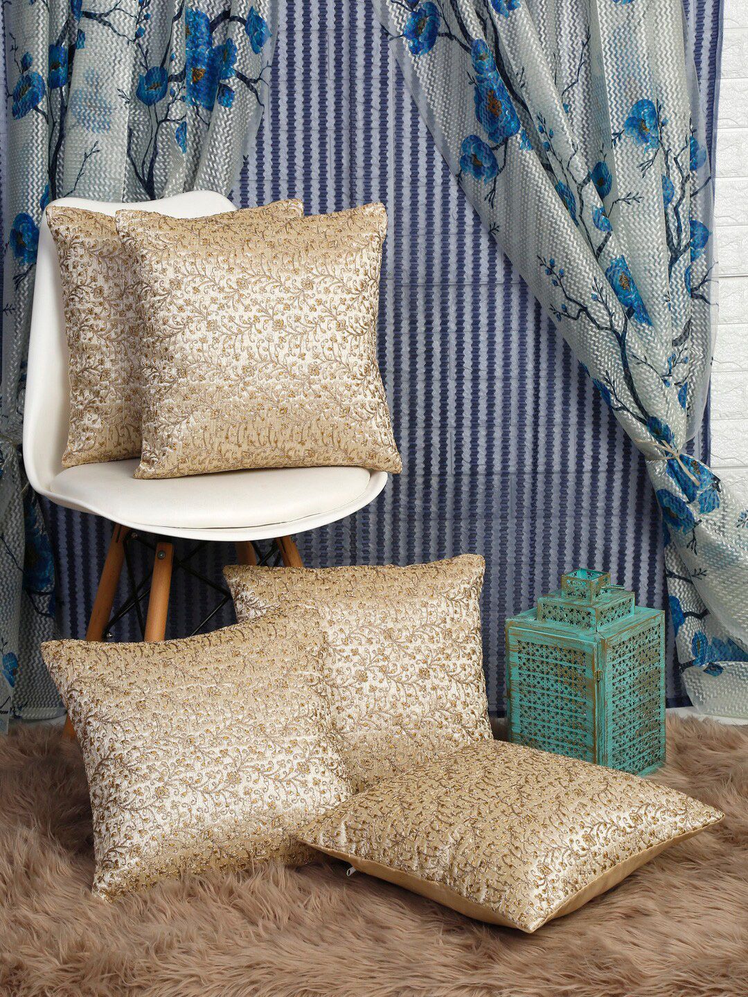 HOSTA HOMES Cream-Coloured & Gold-Toned Set of 5 Embroidered Square Cushion Covers Price in India