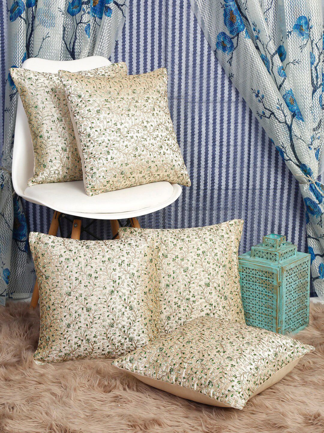 HOSTA HOMES Set of 5 Cream-Coloured & Green Embroidered Square Cushion Covers Price in India