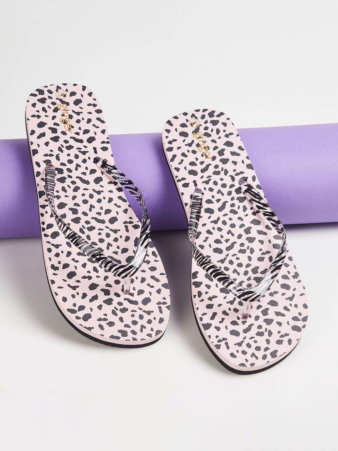 Ginger by Lifestyle Women Pink & Black Printed Rubber Thong Flip-Flops Price in India