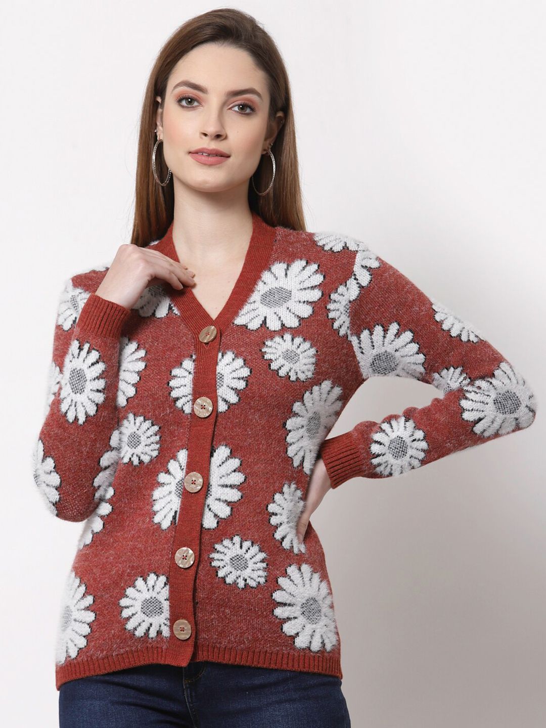 Kalt Women Rust & White Acrylic Floral Printed Cardigan Price in India