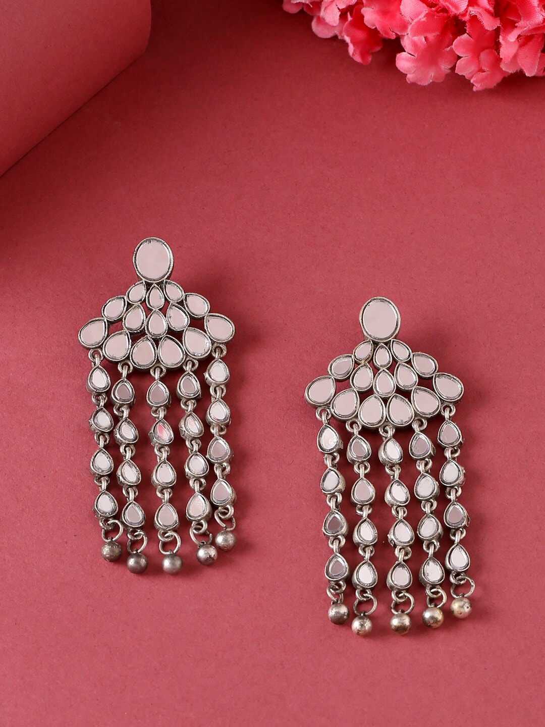 VIRAASI Silver-Toned Oxidised Mirror Work Drop Earrings Price in India