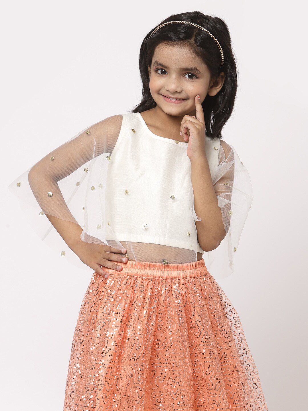 studio rasa Girls White Embroidered Net Crop Top