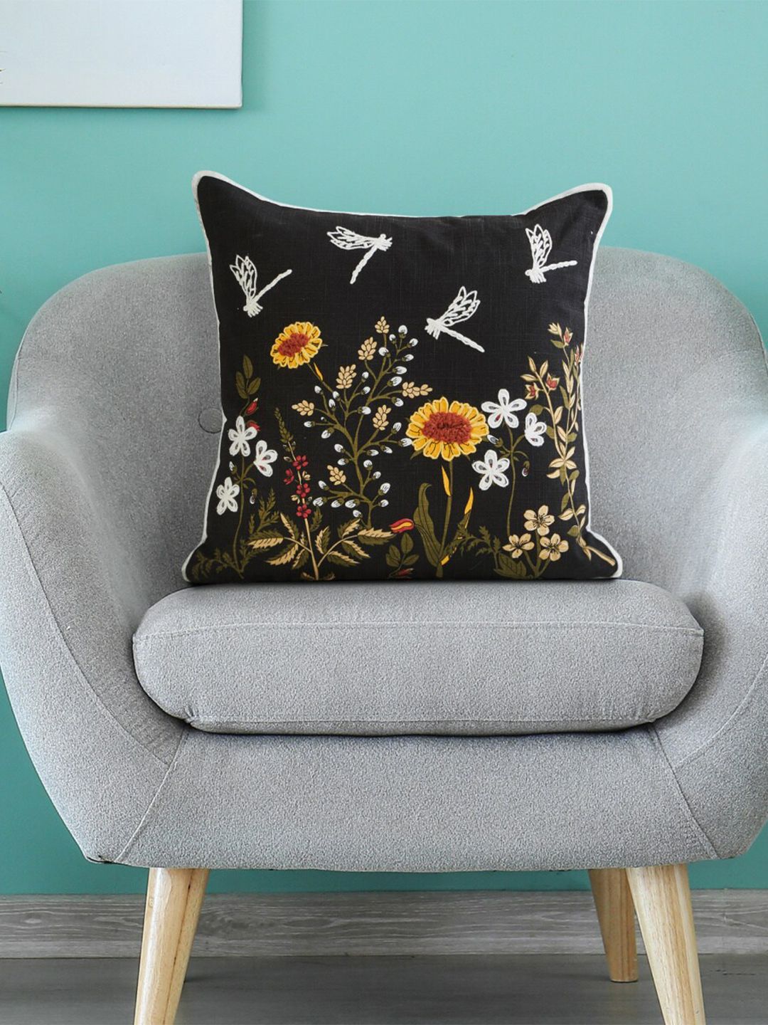 Home Centre Black & Yellow Floral Single Square Cushion Cover With Embroidered Detail Price in India
