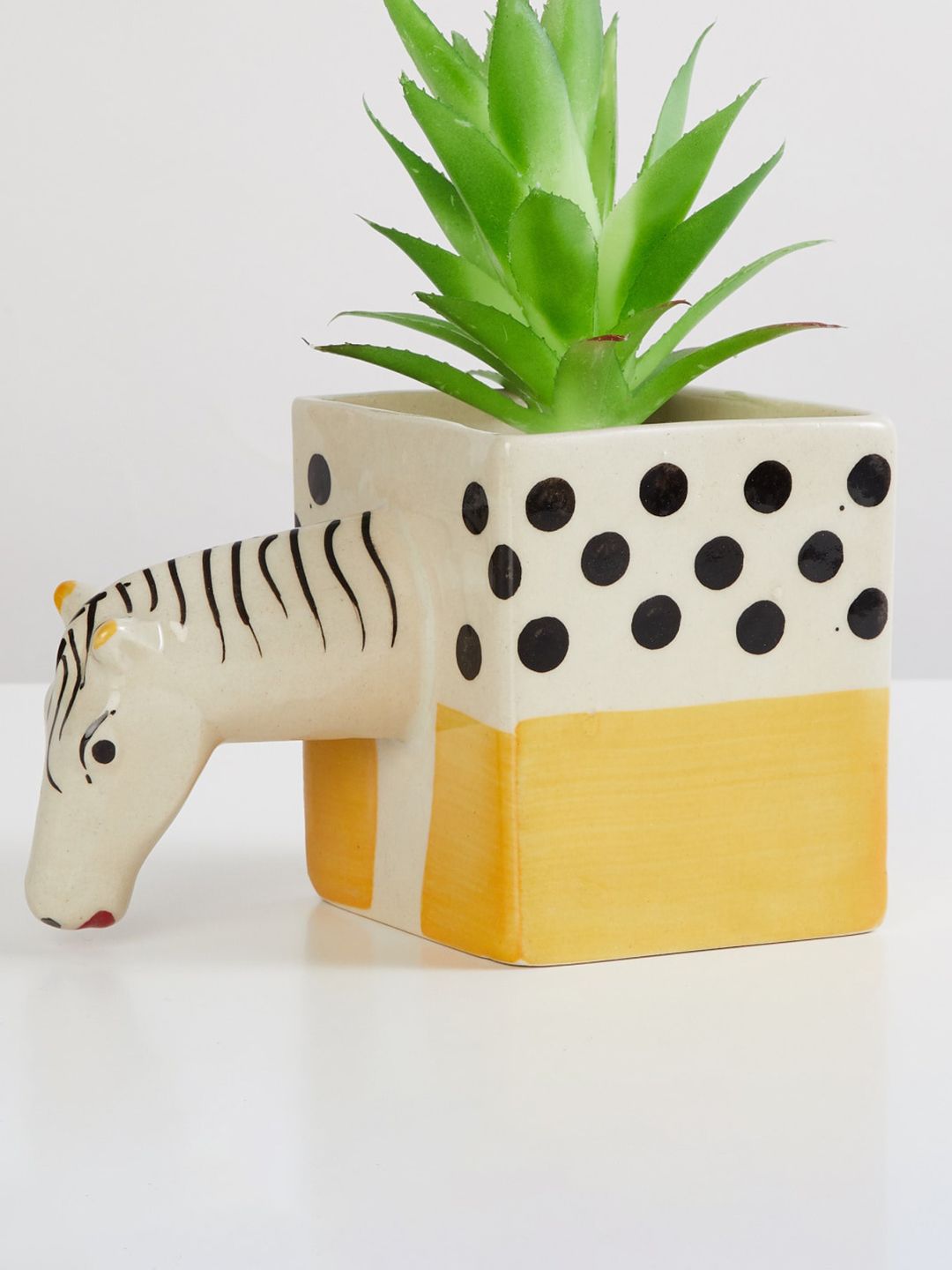 Home Centre Off-White & Yellow Printed Zebra Square Ceramic Planter Price in India